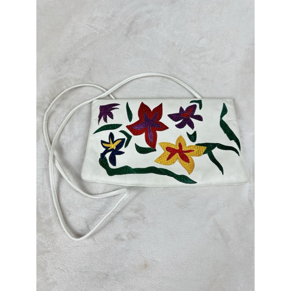 Vintage Clemente White Leather Multicolored Crossbody Purse 1980's Retro Bag
